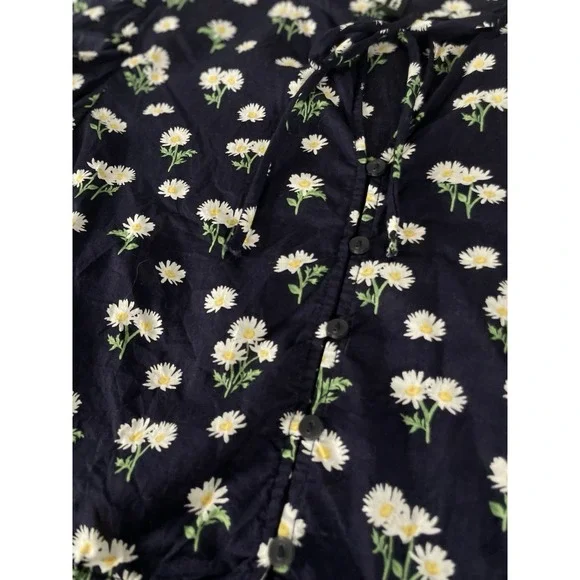H&M Navy Yellow Daisy Floral Tie Front Blouce Puff Sleeves Top Woman's Size S - Picture 10 of 16